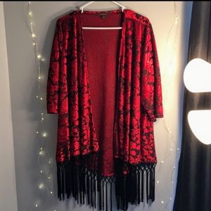 Fever Plus Size Floral Red Velvet Kimono